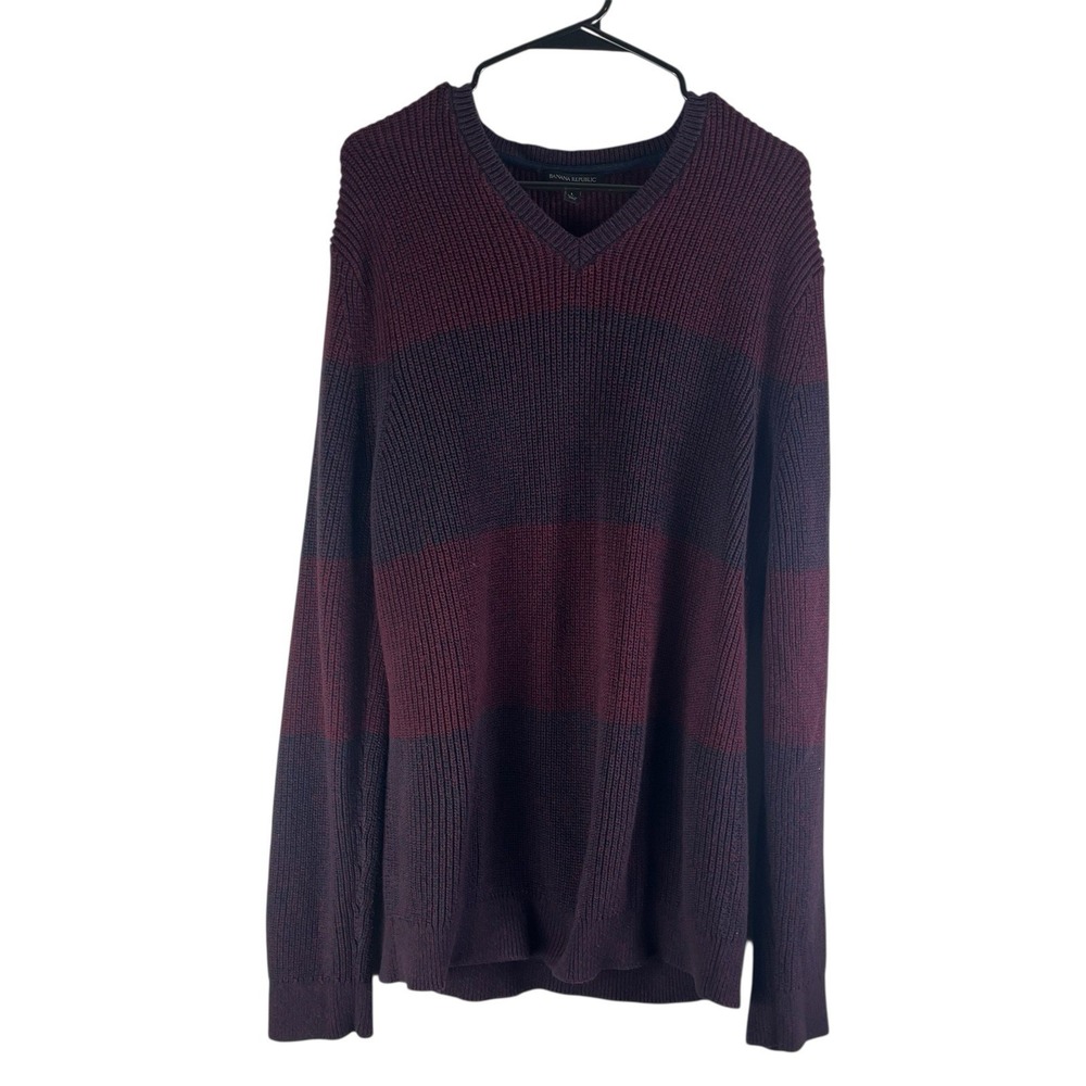Banana Republic Men's 100% Cotton V-Neck Sweater Purple Burgundy Stripe Size L